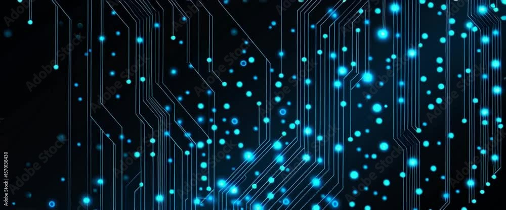 Poster abstract blue circuit board background vector illustration with glowing elements on a dark black bac