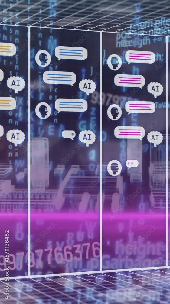 Poster animation of chat boxes with ai texts, computer language and numbers over 3d model of buildings