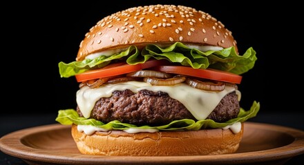 Juicy cheeseburger with lettuce, tomato, grilled onions, and melted cheese on sesame bun