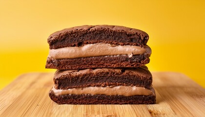 brownie sandwich with chocolate filling on wooden board against yellow background showing rich and indulgent dessert