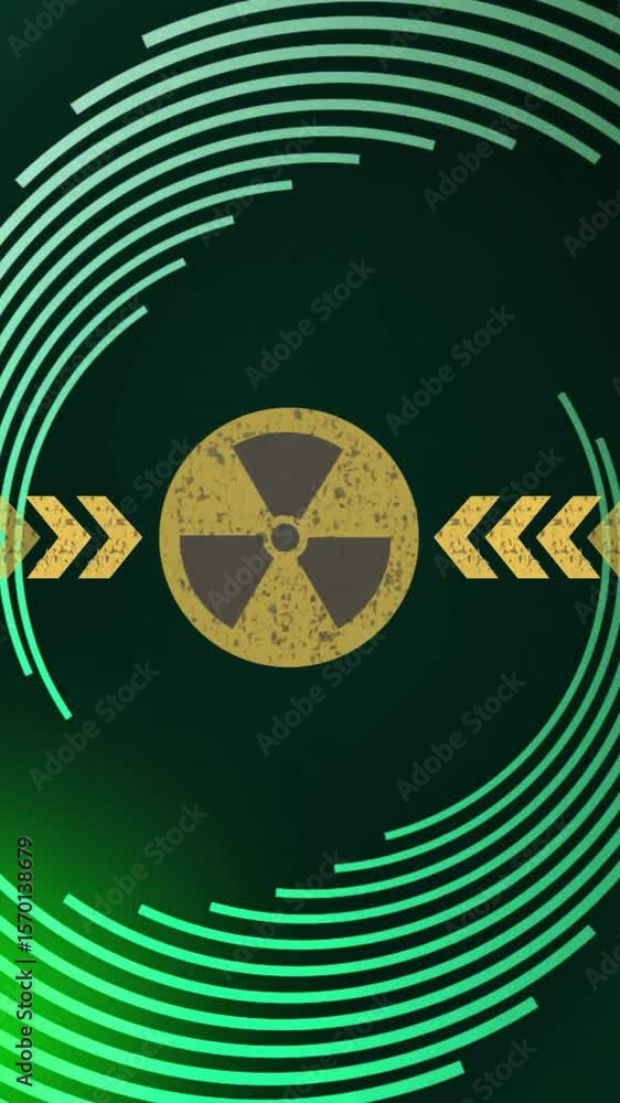 Aufkleber animation of arrows and ionizing radiation hazard symbol over spiral pattern in background