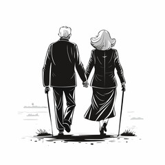 Old Couple Holding Hands Walking Together Viewed from Behind in a Lovely Vector