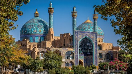 A mosque with blue domes