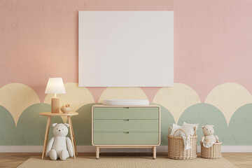 Cozy nursery room with green dresser and teddy bears on a textured wall