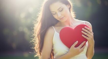 Young caucasian female holding red heart outdoors in soft sunlight