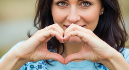 Young caucasian female making heart gesture with hands outdoors