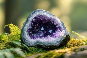 Amethyst geode, a stunning purple crystal cluster nestled in moss, bathed in sunlight.