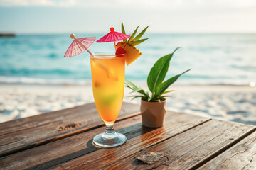 Obraz premium Tropical Beach Cocktail on Wooden Table