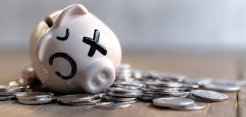 The broken piggy bank lying among scattered coins on a wooden surface.