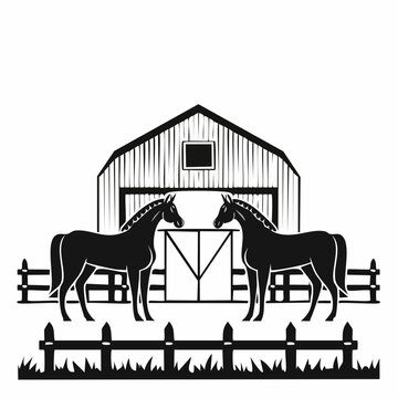 black horses barn scene clip art preview