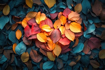 Autumn leaves arranged in a heart shape on a bed of teal leaves.