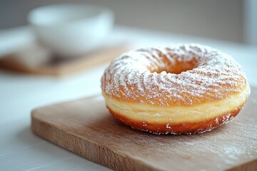 A delicious, powdered sugar-coated donut sits on a wooden board.
