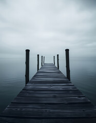 Pier on a Tranquil Lake: A weathered wooden pier extends into a calm lake under a softly overcast sky, creating a serene and contemplative scene. 