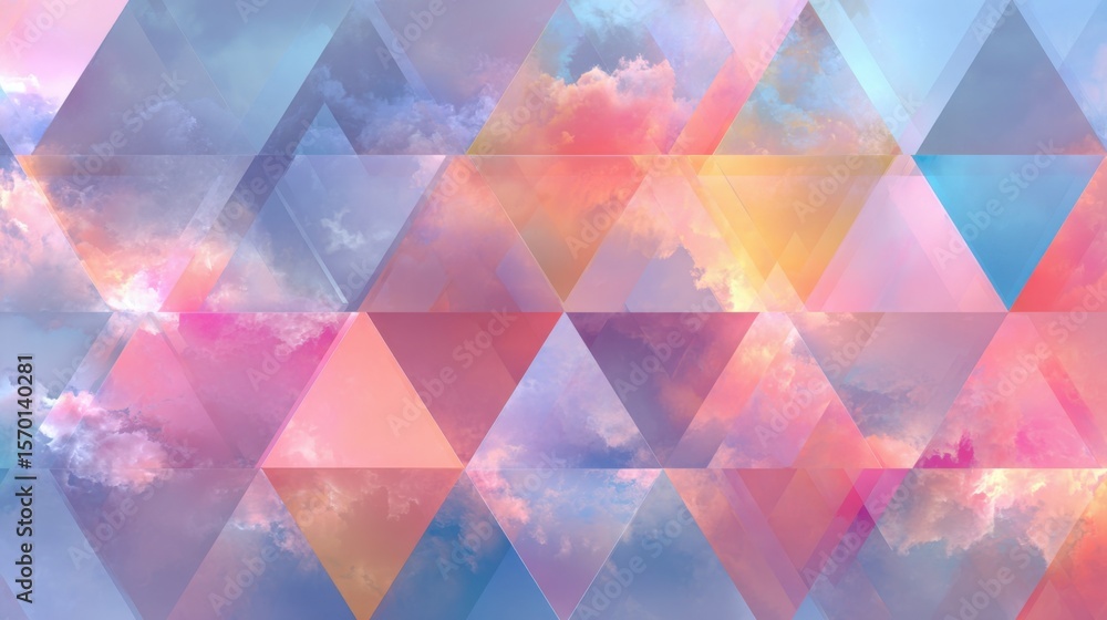 Poster geometric shapes form a captivating pattern filled with soft pastel colors such as pink, blue, and o