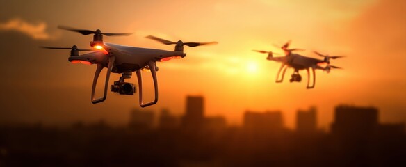The drones soaring over a city skyline at sunset.