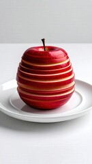 Red apple sliced into ultra-thin vertical layers and reassembled with slight spacing — artistic fresh fruit composition on clean background
