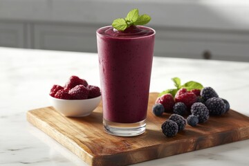Refreshing berry smoothie in a tall glass, garnished with mint, accompanied by fresh raspberries and blackberries.