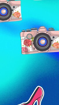 Animation of pink high heeled shoes and cameras over blue and purple blur