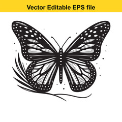 Detailed Butterfly Illustration with Decorative Elements A Black and White Vector Image of a Butterfly with Intricate Patterns