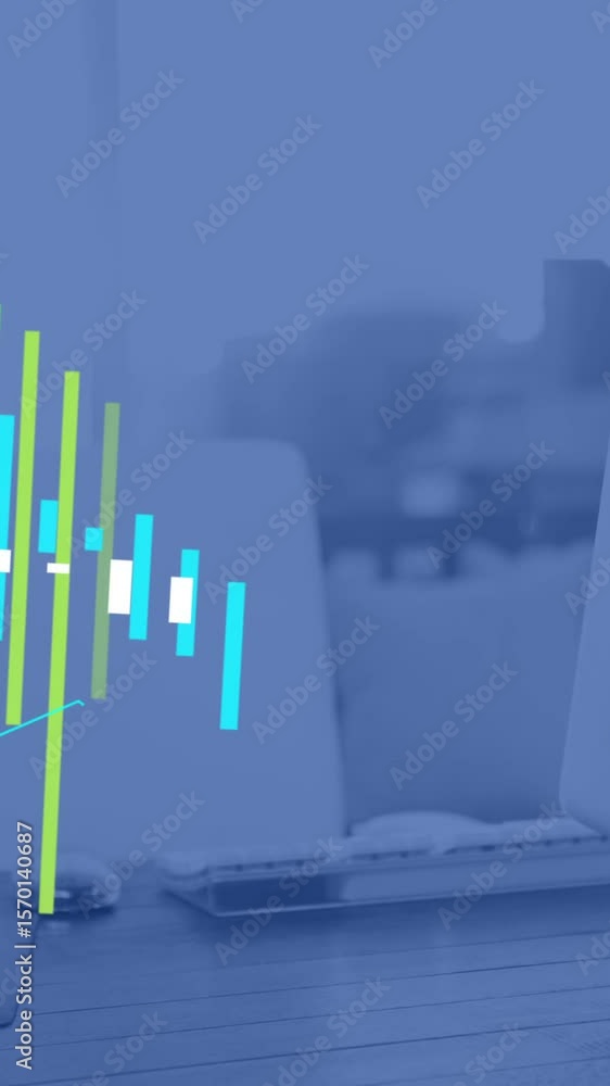 Poster animation of financial data processing over computer on desk in empty office