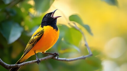 Fototapeta premium Vibrant orange and black bird perched on a branch.