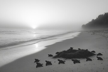 Baby sea turtles emerging from their nest at sunrise, making their way to the ocean.