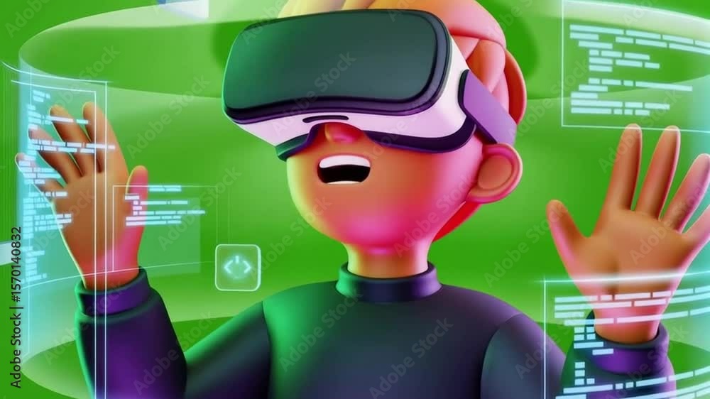 Poster enthusiastic user explores virtual reality world through vr glasses in futuristic simulation, intera