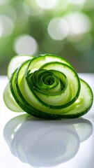 Perfectly spiraled cucumber ribbon rolled like a rose with matte surface and centered composition — minimal and elegant vegetable styling on clean background