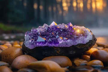 A breathtaking amethyst geode glows with inner light, nestled amongst smooth river stones at sunset.