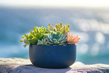 A vibrant succulent arrangement in a dark blue pot, set against a serene ocean backdrop.