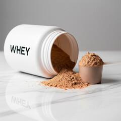An elevated view of a white plastic jar of brown whey powder spilled on a white marble table, with a full scoop nearby.