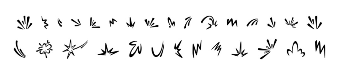 Naklejka premium Set of cartoon Japanese manga comic effects. Doodle vector illustration hand drawn design elements. Speed, burst, boom, splash, motion, blast drawing. Superhero action icon set