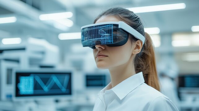 Side profile of a female AI engineer wearing AR glasses while analyzing 3D models in a lab