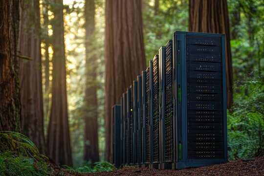 Rows of servers stand in a redwood forest, showcasing sustainable data centers powered by renewable energy.