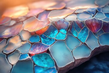 Iridescent mosaic, vibrant colors, close-up view, intricate detail, gemstone-like texture, artistic arrangement.