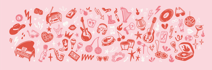 Bachelorette cowgirl party, girly birthday, Valentines day funky pink whimsical coquette background. Guitar, vintage vinyl, piano and other musical instruments. Punk rock concert y2k poster