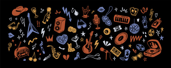 Rock n roll and punk music retro y2k style background. Hand drawn doodle vector illustration. Tattoo, sticker, icons and grafitti drawings. Emo goth grunge doodle. Fire, heart, star shape © Kseniia