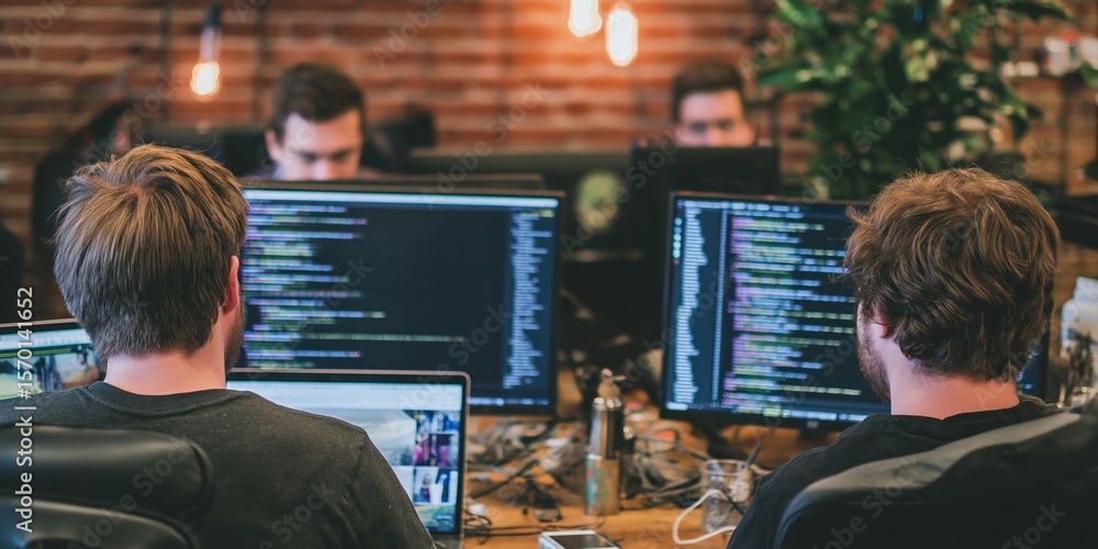 Poster two individuals coding at desks in a contemporary office environment with multiple screens