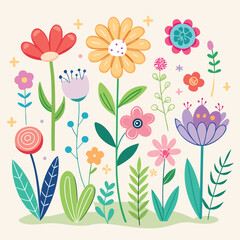 Flower Kid Crayon Pencil Vector Childish Spring Floral Background Pastel Hand Drawn Illustration