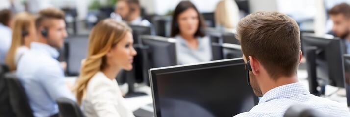 View of professionals in an office, focused on their tasks with headsets and computers.