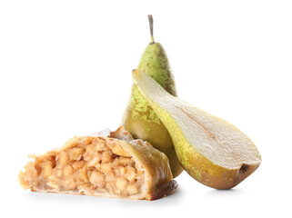 Piece of tasty pear strudel with fresh cut fruits on white background