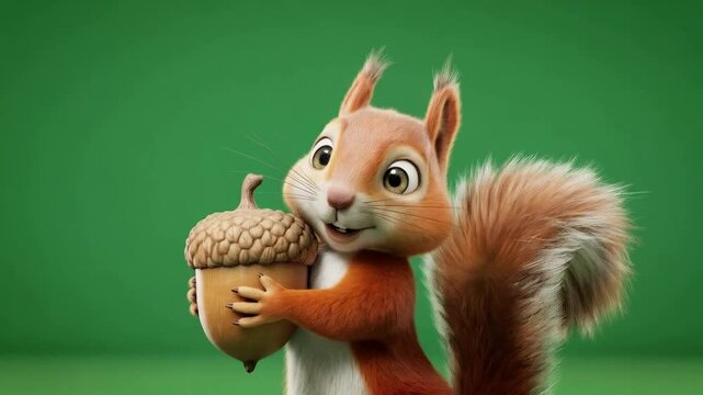 Adorable squirrel cartoon character clutching a tasty acorn against a vibrant green backdrop, evoking feelings of joy
