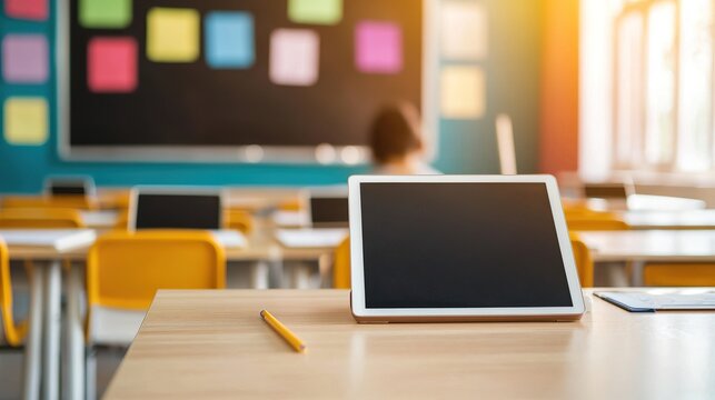 Smart classroom where AI customizes each student lesson in real-time, tablets showing different subjects, teacher overseeing progress on dashboard,