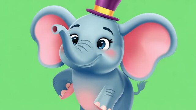 Cheerful elephant cartoon animation walks happily, featuring a cute character design and bright green background for children's entertainment.