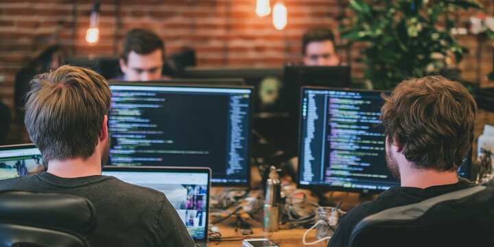 Two individuals coding at desks in a contemporary office environment with multiple screens
