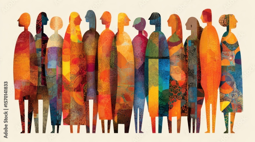 Poster a group of diverse individuals forms a colorful assembly, showcasing various outfits and styles. the