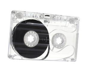 One audio cassette with magnetic tape isolated on white