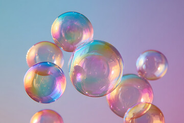 Floating iridescent soap bubbles against a pastel gradient background.