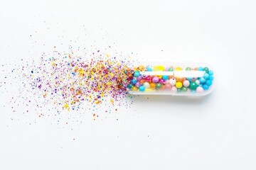 A colorful capsule bursts open, releasing a vibrant powder cloud.  A burst of medicine or confectionery.