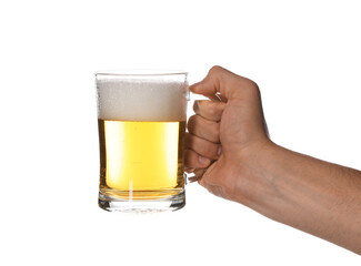 Man with glass mug of tasty beer on white background, closeup